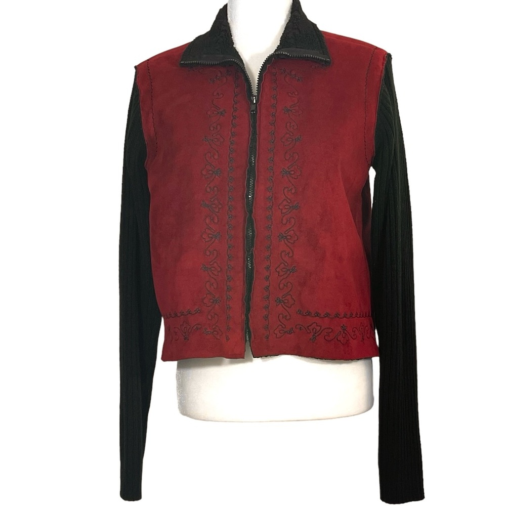Coldwater Creek Red and Black Long Sleeve Faux Suede Jacket Scandinavian Comfy
